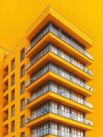 3d render of modern building with windows and balconies on yellow backgroundの素材