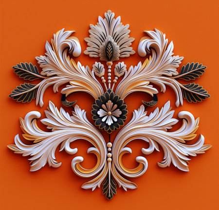 3D illustration of embossed floral ornament on orange background.の素材