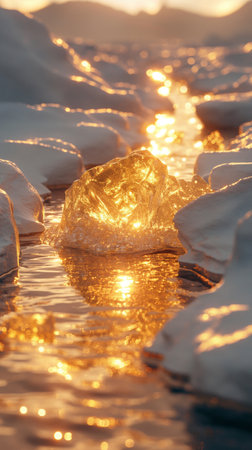 Ice on the river at sunset. Beautiful natural background. Ice hummocks close-up.の素材