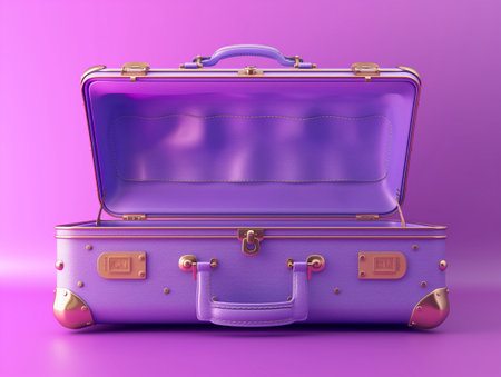 Purple suitcase on a purple background. 3d render illustration.の素材
