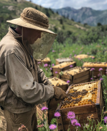 Beekeeper with beeswax and honeycombs in the fieldの素材