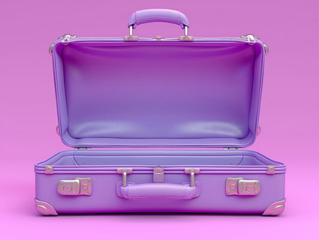 3d rendering of a purple suitcase on a pink background with shadowの素材