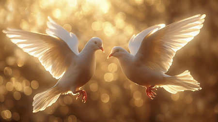 Two white doves flying in the air with bokeh backgroundの素材
