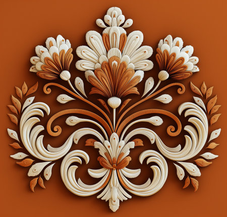 3d illustration of floral ornament in classic style on orange background.の素材