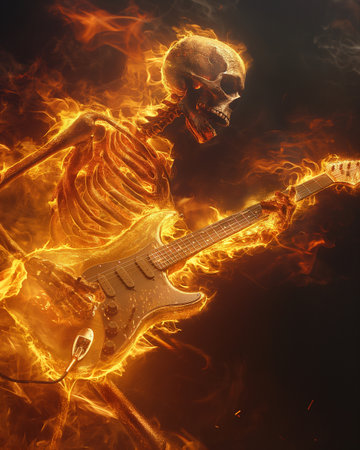 Electric guitar and human skeleton on fire background. 3D illustration.の素材