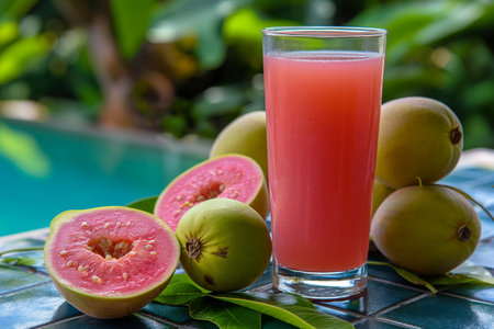 Guava juice and guava fruit on the table with nature backgroundの素材