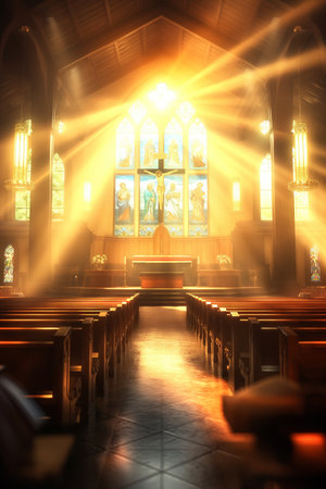 interior of a church with a beautiful light in the rays of the sunの素材