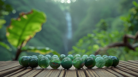 Green glass balls on wooden table in front of a waterfall in the forestの素材