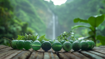 Close up of fresh green lemongrass on wooden floor with waterfall backgroundの素材