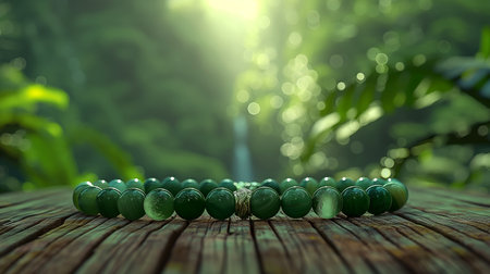 Green beads on wooden table in the forest. 3d rendering.の素材