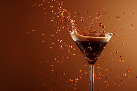 Cocktail splashing into a martini glass on brown backgroundの素材