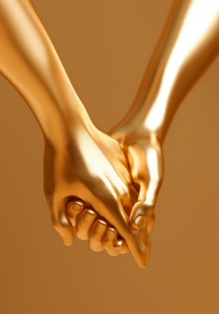 Two hands holding each other on a golden background. 3d renderingの素材