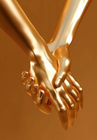3d render of human hands holding each other over golden background.の素材