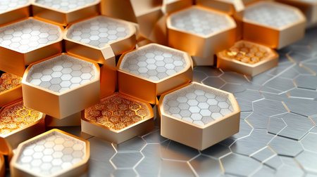 3d illustration of golden hexagonal honeycombs on metal backgroundの素材