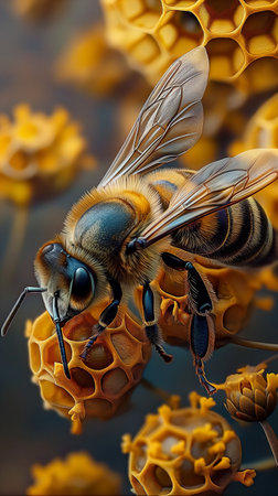 Honey bee on honeycombs. Macro photo of honeybeeの素材