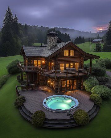 3D rendering of a wooden house with a pool in the eveningの素材