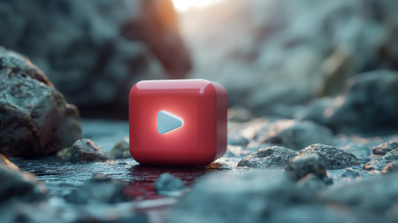 Red cube with play button on the ground. 3d rendering.の素材