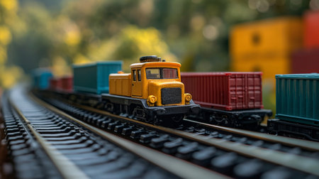 Miniature train with containers on the railroad. Selective focus.の素材