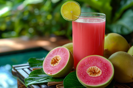 Fresh guava juice in glass and fresh guava fruit on green backgroundの素材