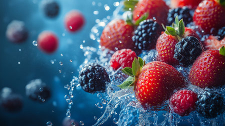 Fresh berries falling into water with splash on blue background. Healthy food concept.の素材