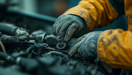 Auto mechanic working in auto repair service. Close-up of auto mechanic hands working in auto repair shop.の素材