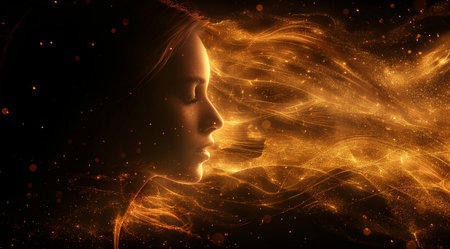 3D illustration of a female face with flowing hair and glowing particlesの素材
