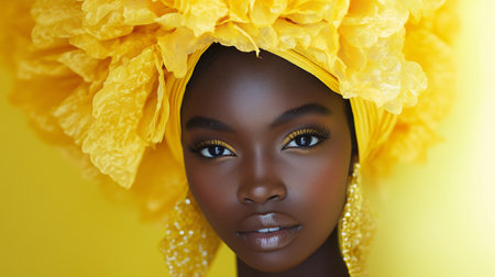 Close up portrait of a beautiful african american woman in yellow dressの素材