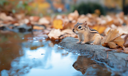 Chipmunk in a puddle with autumn leaves in the backgroundの素材