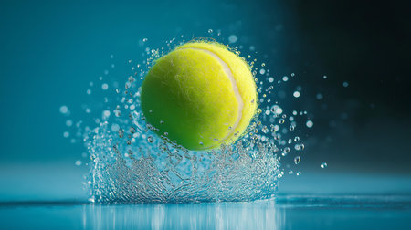 Tennis ball in water splash on blue background. Sport concept.の素材