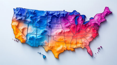 Map of United States of America painted in bright colors on white backgroundの素材