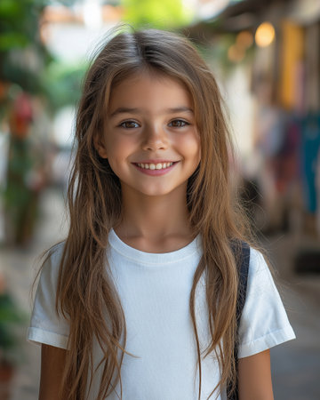 Portrait of a beautiful little girl with long hair smiling outdoors.の素材