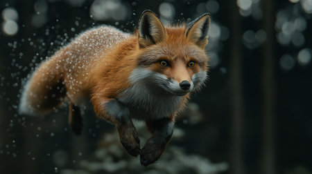 Red fox jumping in the forest with raindrops. 3d renderingの素材