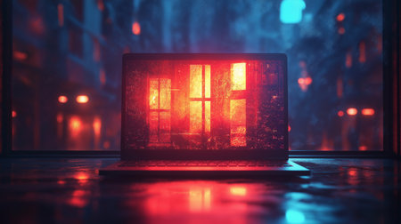 Laptop with a glowing red window on the background of the night cityの素材
