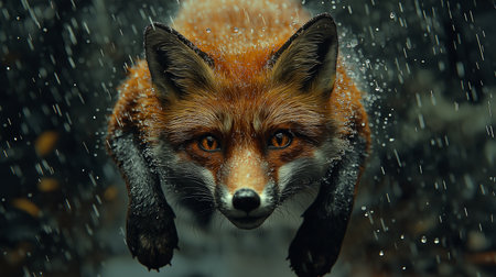 Red fox in the rain. Close-up of a wild animal.の素材