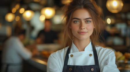 Portrait of a young waitress in a restaurant. Beautiful girl in a cafe.の素材