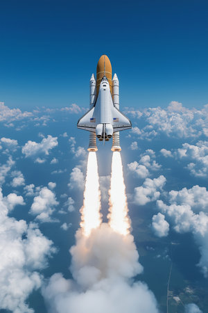 Space Shuttle flying high in the sky. 3d render illustration.の素材