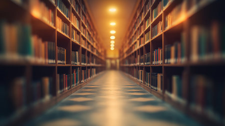 Library interior with rows of books in a row, shallow depth of fieldの素材