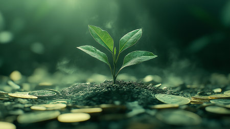 Small plant growing from pile of coins with bokeh background, business growth conceptの素材