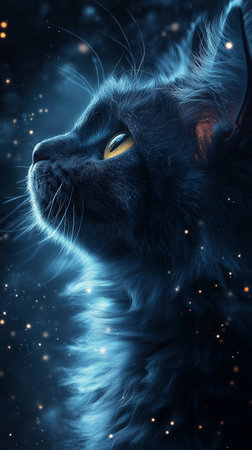 Blue cat on a dark background with stars and nebula in itの素材
