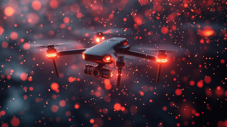 Drone with digital camera flying over red bokeh background. 3D renderingの素材