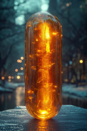 Beautiful glass bottle with a glowing light inside on the background of the night city.の素材
