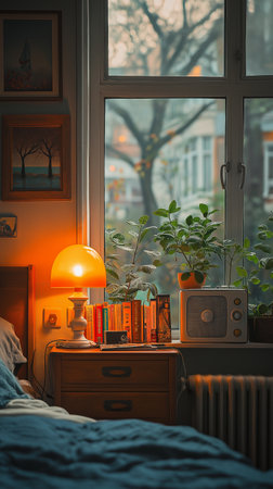 Cozy room with books, lamp and plant on the windowsillの素材