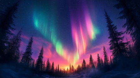Aurora borealis in the night sky over the forest.の素材