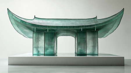 3D rendering of a pavilion made of glass on a white backgroundの素材