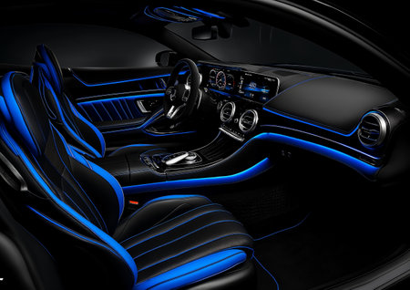 3d rendering of a modern car interior in black and blue colorの素材