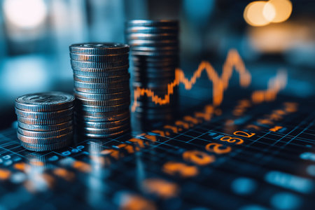 Stacks of coin money with stock market or forex trading graph and candlestick chart suitable for financial investment concept.の素材