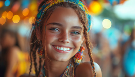 Portrait of a beautiful smiling girl with dreadlocks in a colorful headscarf on the background of the city.の素材