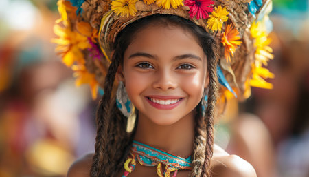 Closeup portrait of a beautiful girl in a wreath of flowersの素材