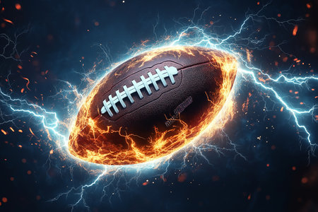 American football ball with lightning in the background. 3D Renderingの素材