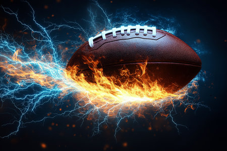 American football ball in fire flames on dark background. 3d illustrationの素材